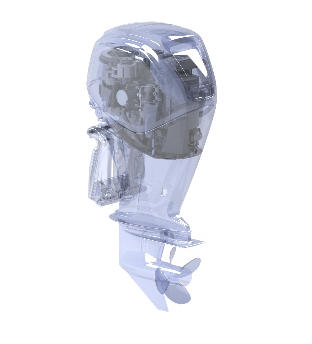 transparent engine on marine outboard leg